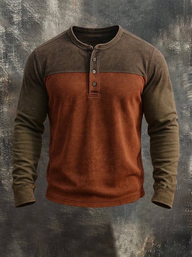 Retro en bloques de color de manga larga Henley para hombre