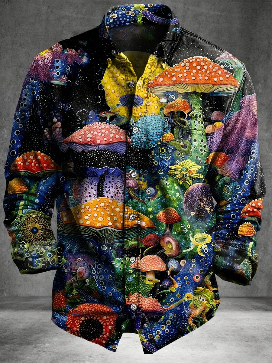 Camisa vintage Mushroom Art de manga larga para hombre
