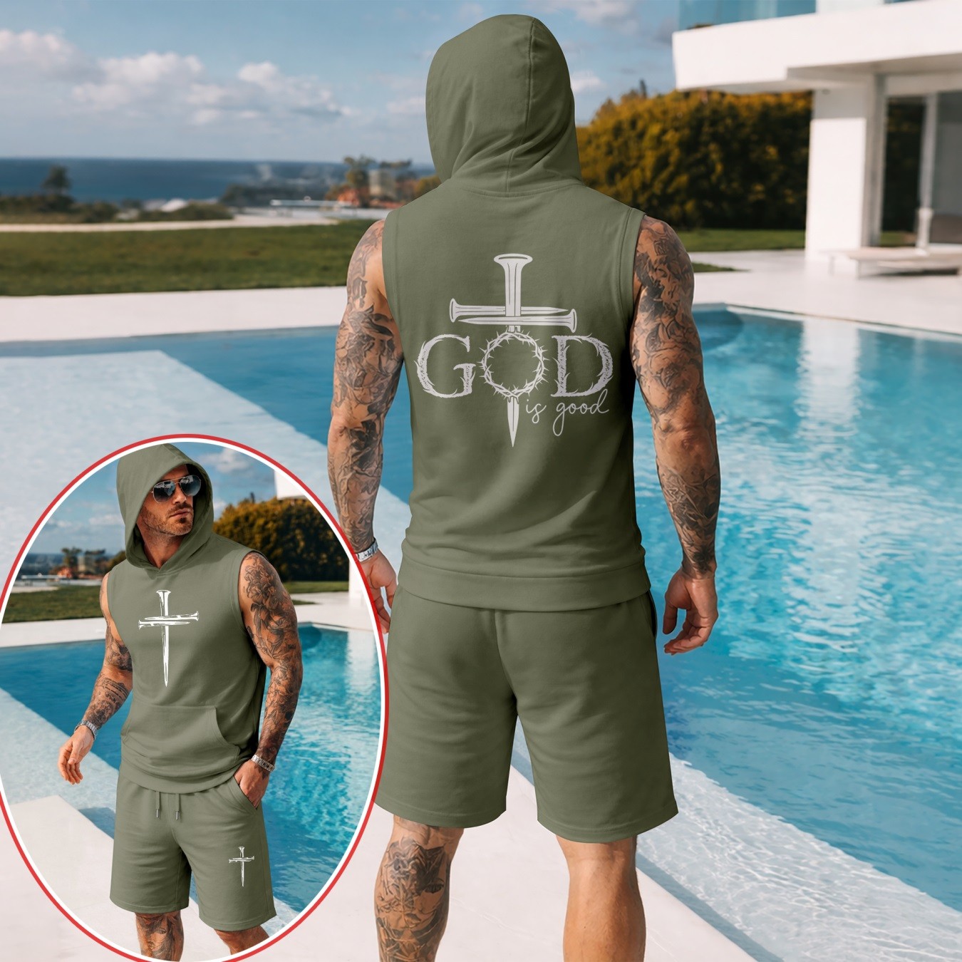 Conjunto de dos piezas Summer – Sleeveless sudadera con capucha & shorts, Faith & Prayer-Inspired Cross Design, casual Regular Fit Summer Outfit, Athletic Streetwear, Lightweight Summer Tracksuit para hombre