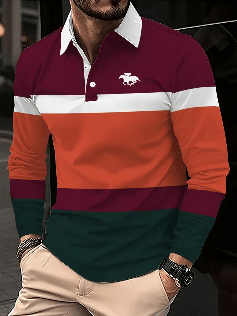 Camisa polo retro ejecutivo rayas estampado de manga larga para hombre