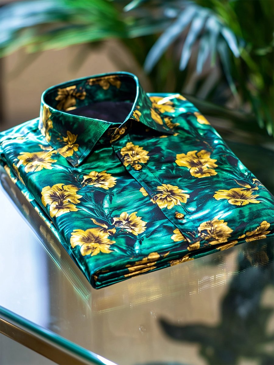 Camisa satén Luxe hawaiano estampado de manga corta Button para hombre