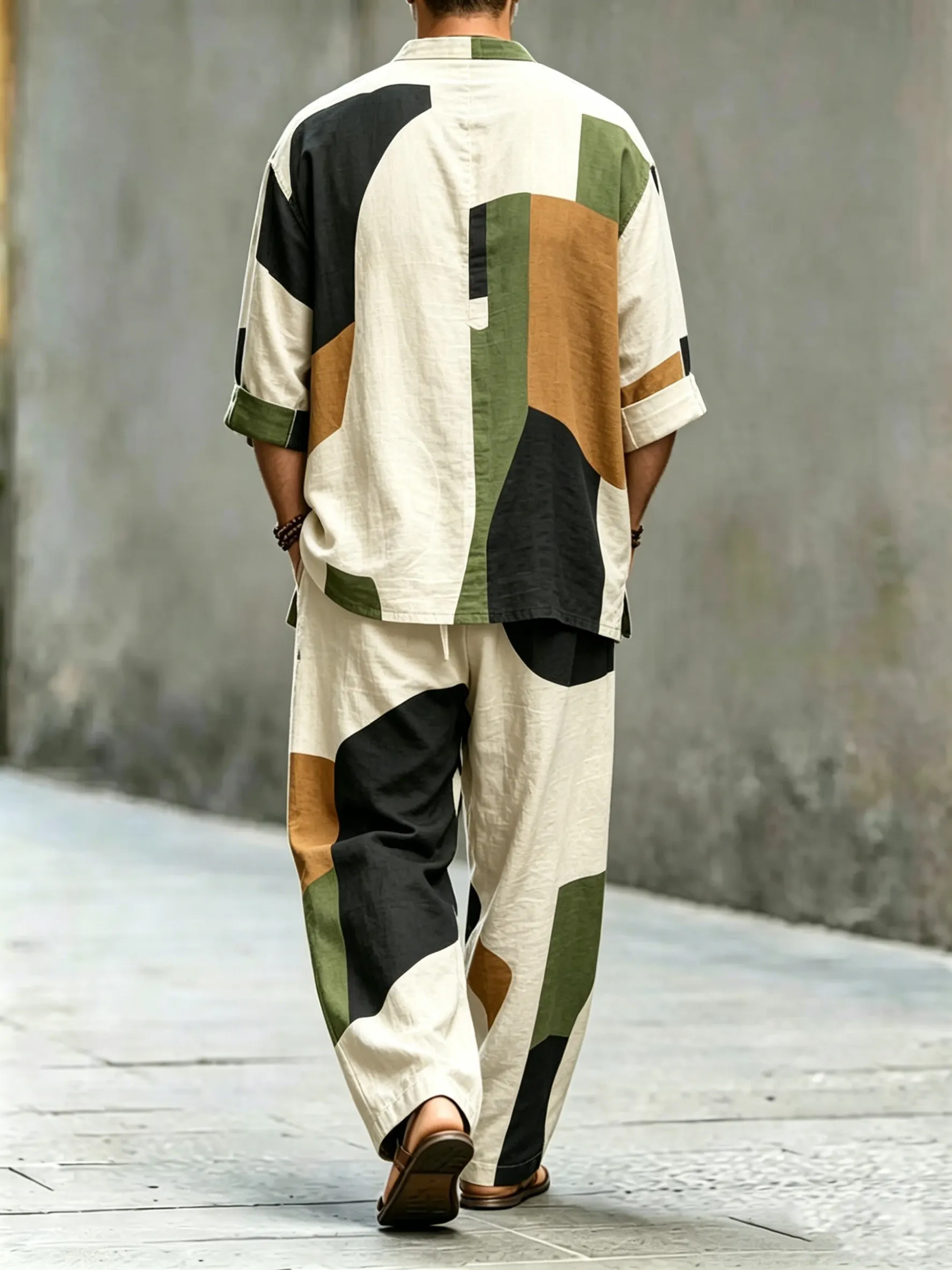 para hombre vintage Abstract Art estampado de algodón camisa Set (Top & pantalón)