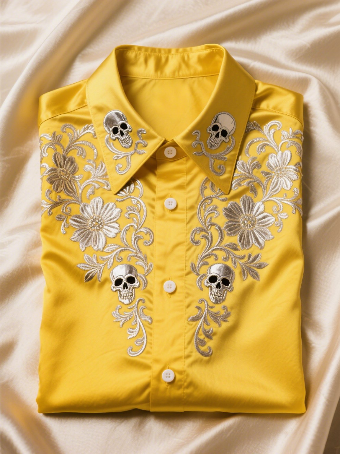 Camisa satén de lujo ejecutivo Skull de manga corta Button para hombre