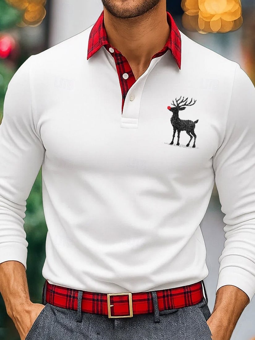 Camisa polo Christmas a cuadros de manga larga para hombre