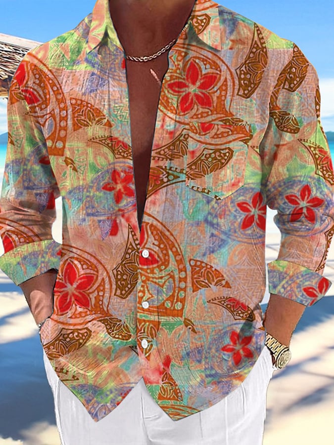 Camisa casual Hawaiian Turtle estampado Lapel para hombre