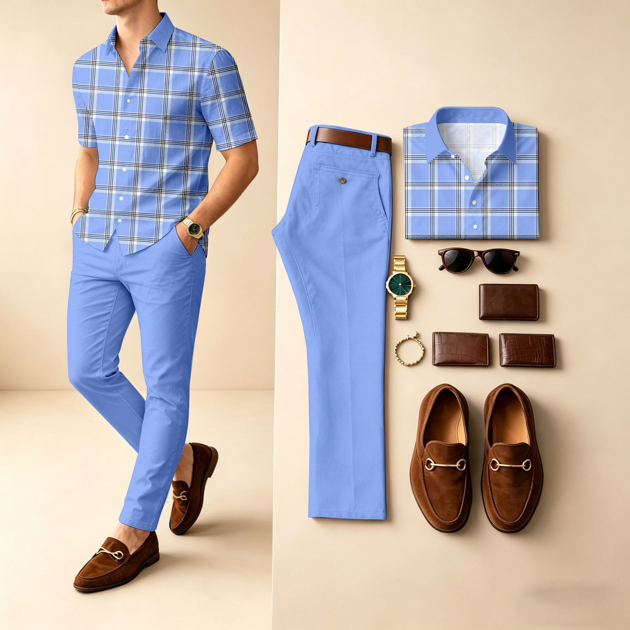 Conjunto de dos piezas casual Blue a cuadros estampado camisa polo And pantalón para hombre
