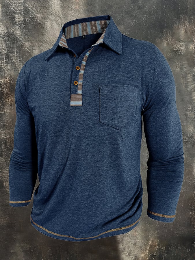 Camisa polo vintage Color-Block de manga larga para hombre