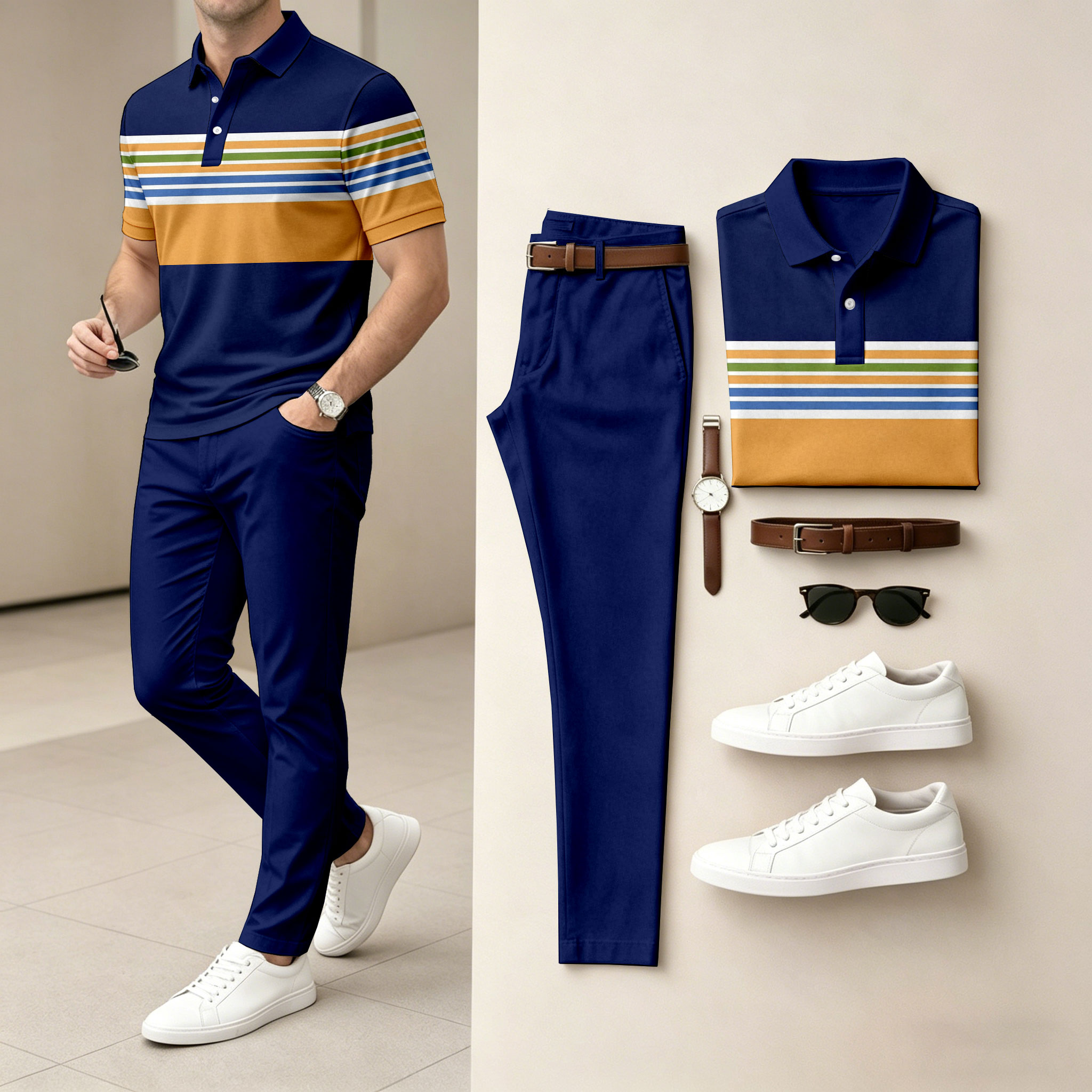 para hombre de manga corta camisa polo with Gradient Print and pantalón Set