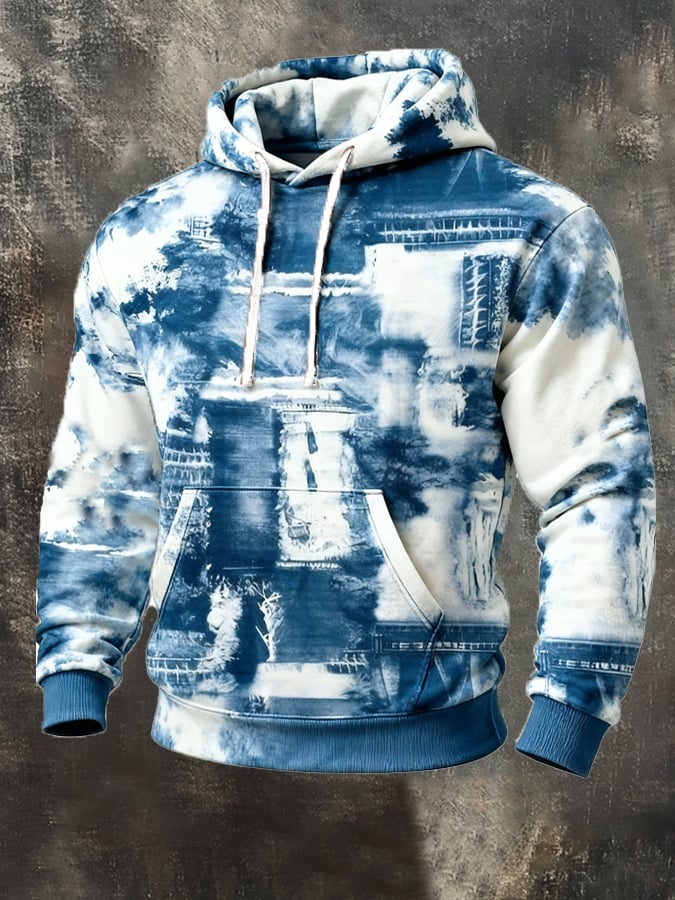 Sudadera retro desgastado en bloques de color estampado casual de manga larga para hombre
