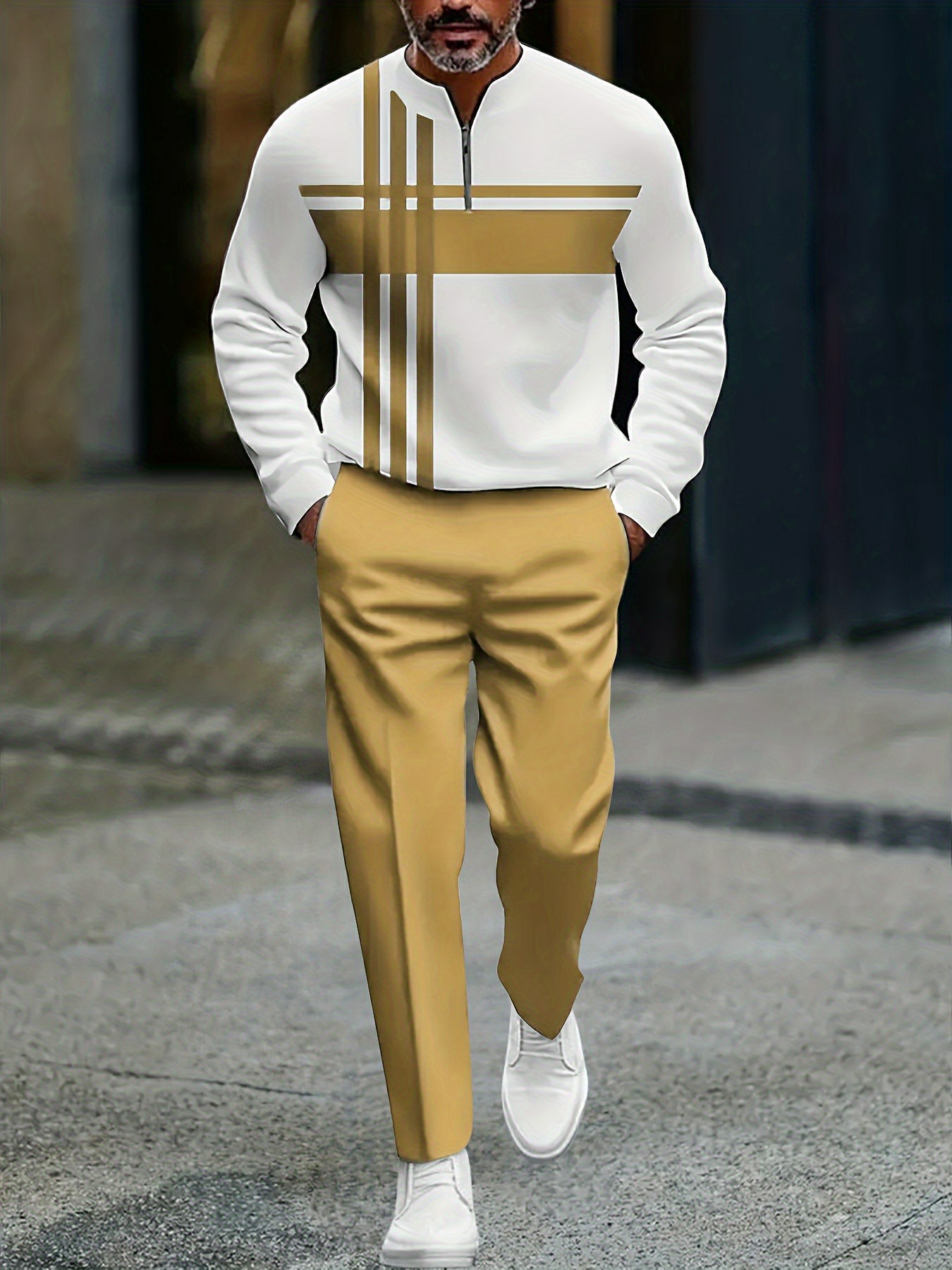 Conjunto de dos piezas casual Yellow & White Color Matching a rayas estampado Round-Neck Zipper de manga larga Trousers para hombre