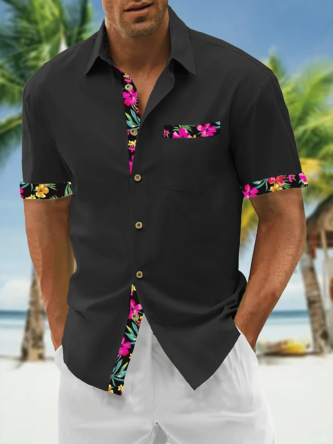 Camisa Resort Style Contrast estampado casual de manga corta para hombre