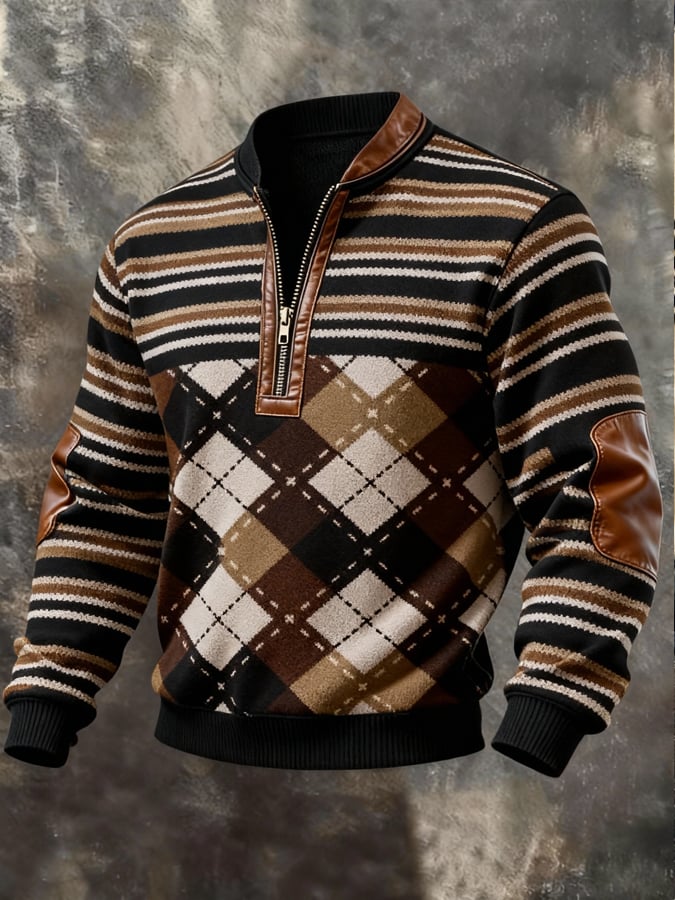 Sudadera casual retro Contrast Color Half Zip Stand cuello de manga larga para hombre