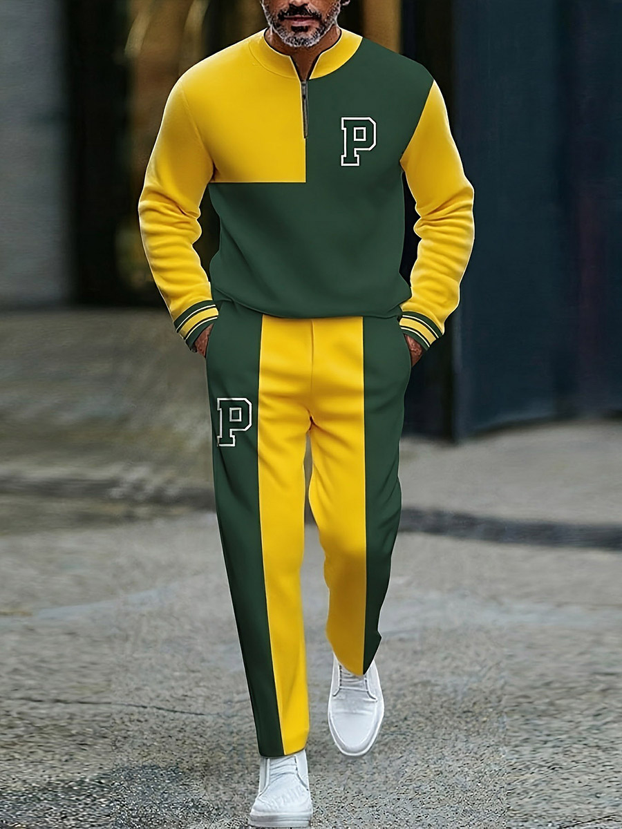 Conjunto de dos piezas casual Green & Yellow Color Matching Geometric estampado Round-Neck Zipper de manga larga sudadera & Trousers para hombre