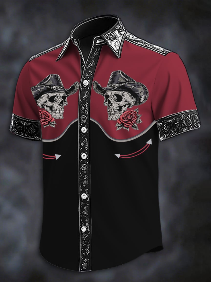 Camisa retro Western estampado de manga corta para hombre