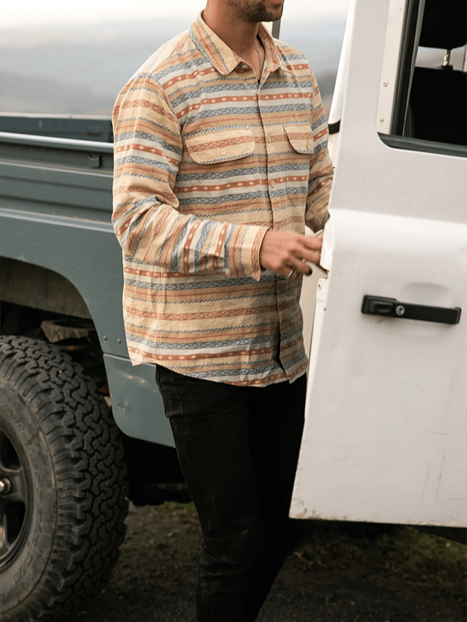 Camisa retro Western Ethnic Aztec en bloques de color para hombre