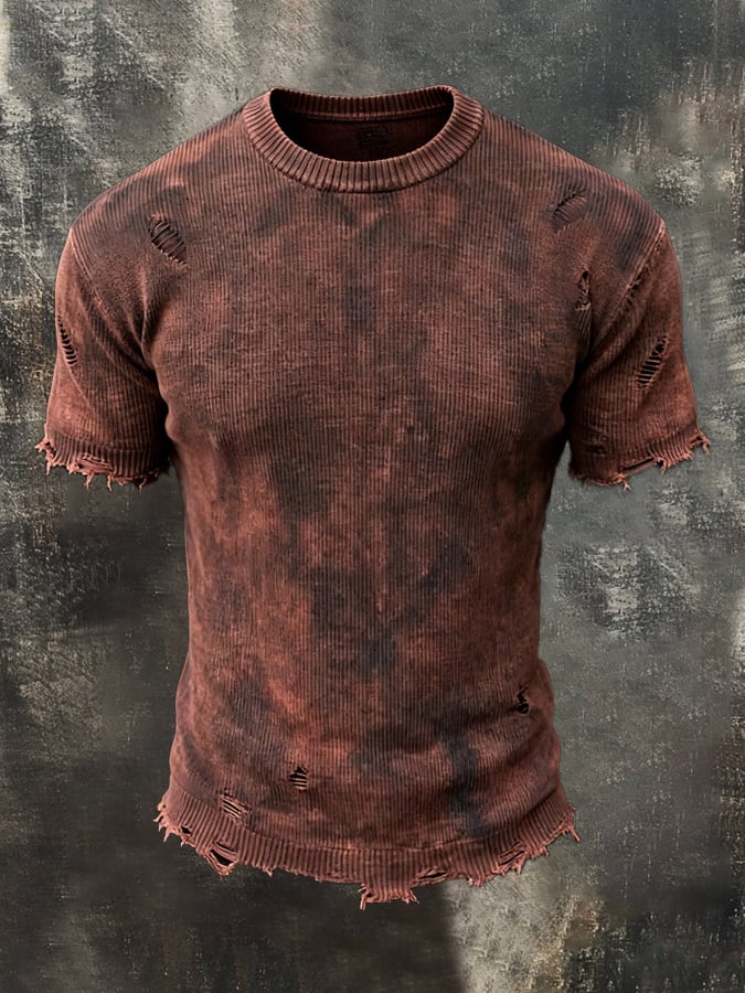 Camiseta retro Washed desgastado Ripped tejido de manga corta para hombre