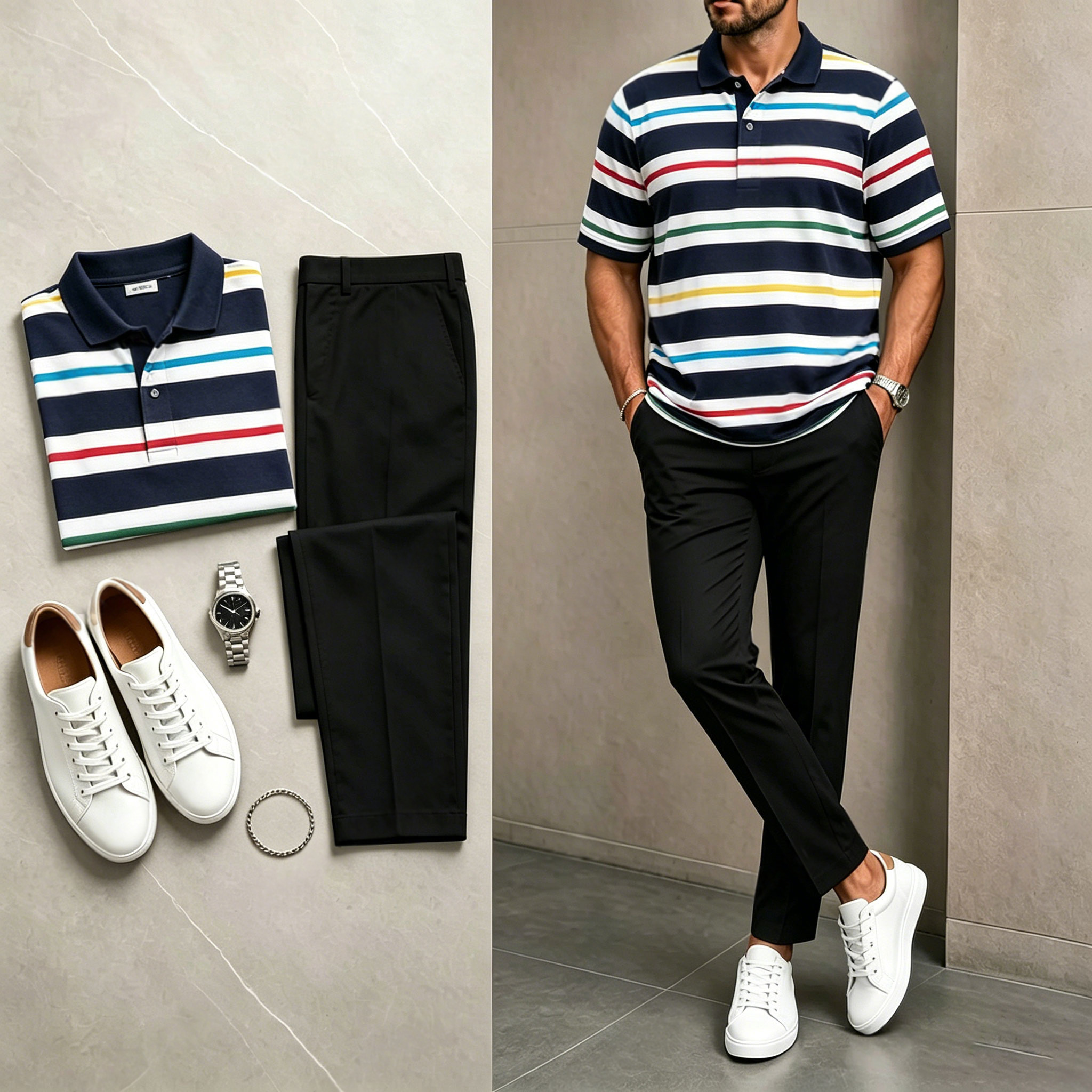 Conjunto de dos piezas casual Black rayas estampado camisa polo And pantalón para hombre
