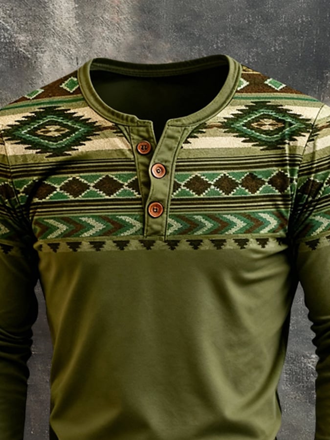 Camiseta retro Stitching Contrast Color Henley cuello de manga larga para hombre
