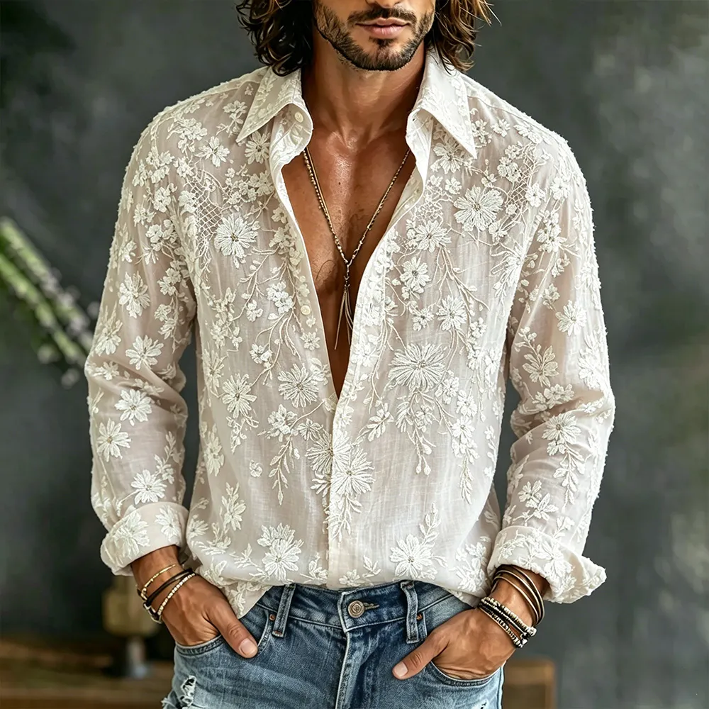 para hombre vintage White floral Art Blend de algodón de lino casual de manga larga camisa