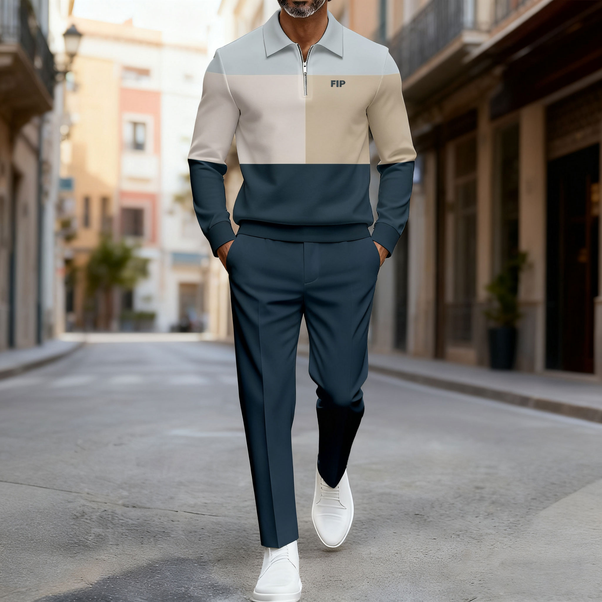 Conjunto de dos piezas casual Blue & Apricot Color Matching estampado Polo-Collar Zipper de manga larga Trousers para hombre