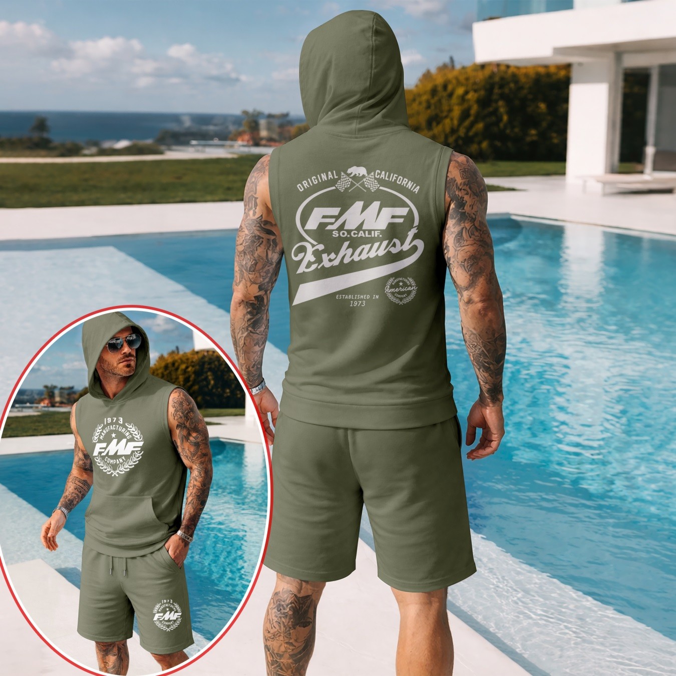 Conjunto de dos piezas : retro-estampado Hooded Vest & shorts — Regular Fit, casual Sporty Style, Sleeveless Top & shorts; Summer Apparel para hombre