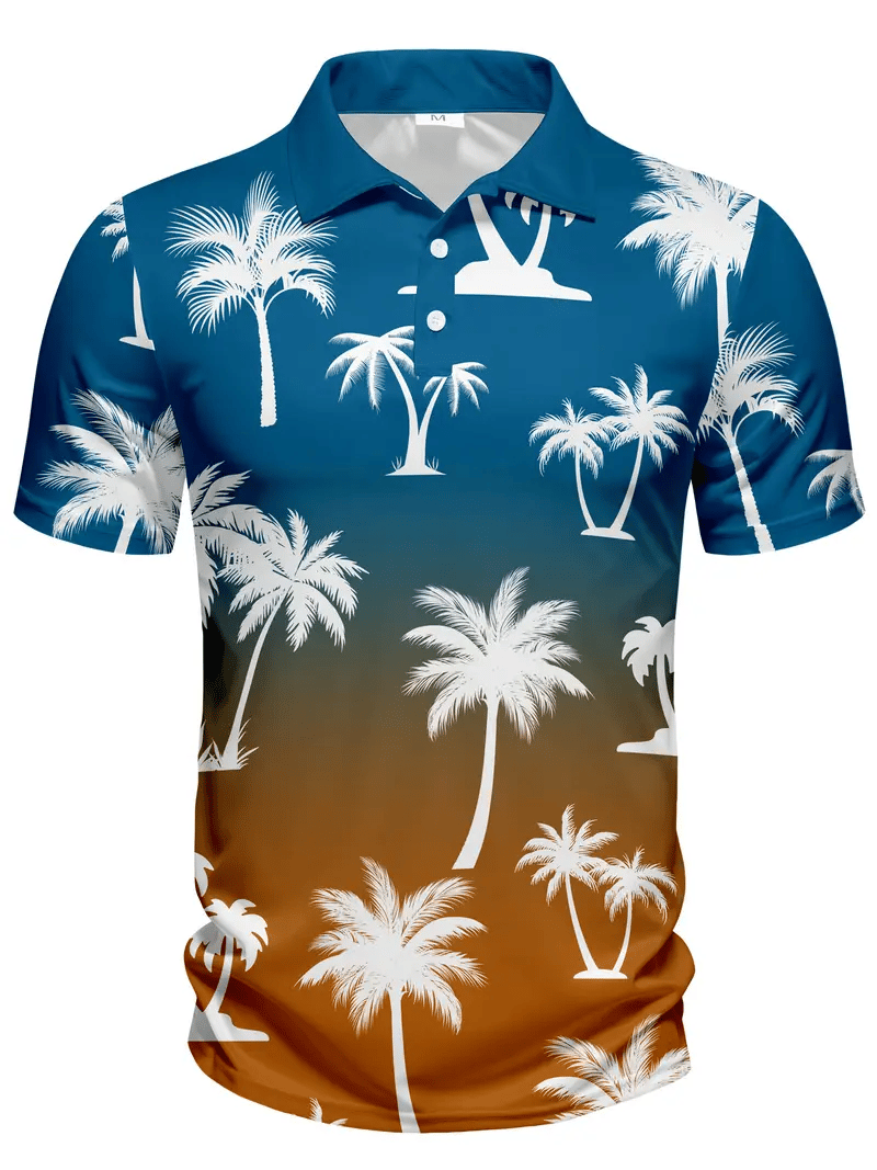 Camisa polo hawaiano Coconut Tree estampado de manga corta con botones para hombre