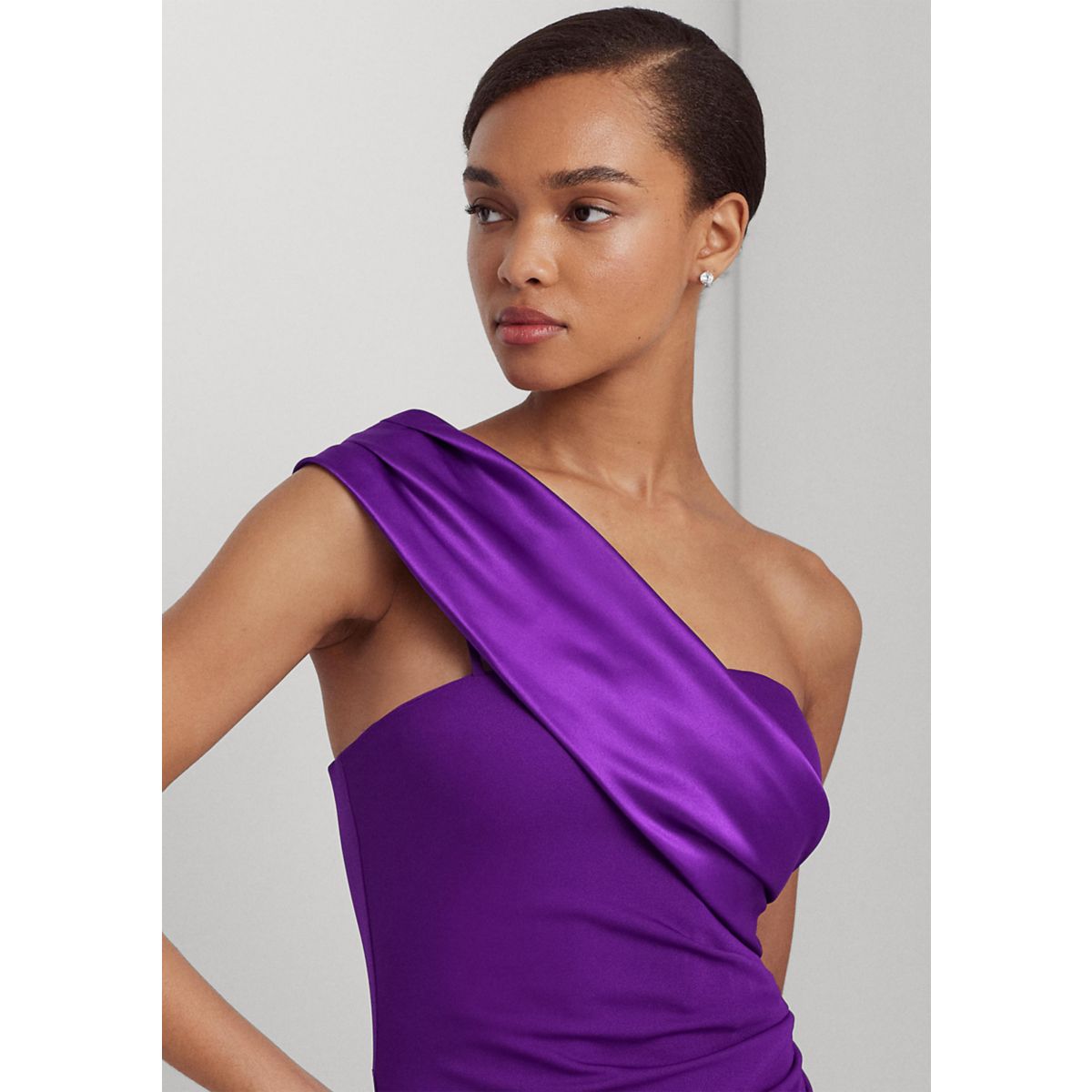Satin Trim Jersey One Shoulder Gown - 3