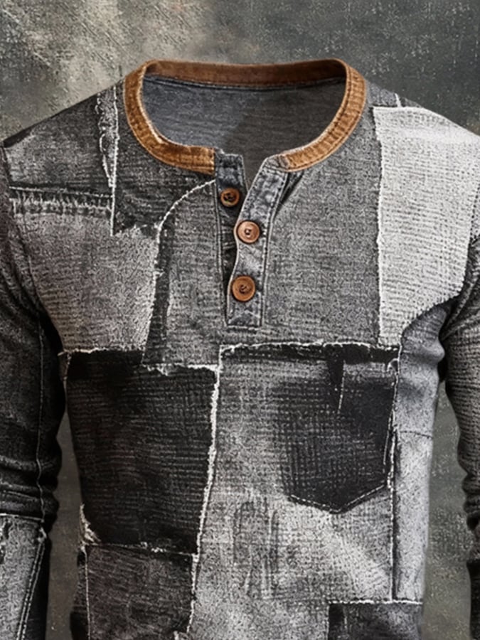 Camiseta retro Stitching Contrast Color Henley cuello de manga larga para hombre
