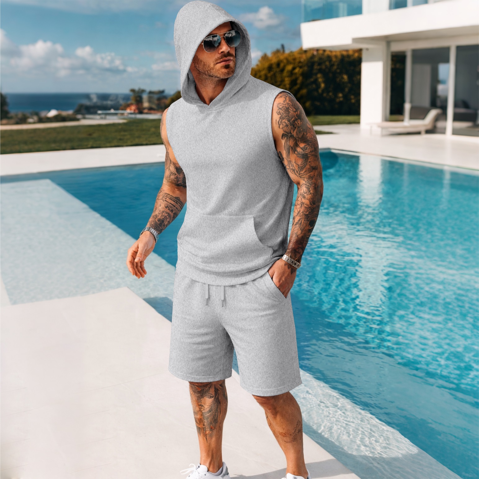 Shorts 2-Piece casual Set: 5-Color Hooded Vest & — Regular Fit, Athleisure Style, Sleeveless Top & shorts — Summer Apparel para hombre