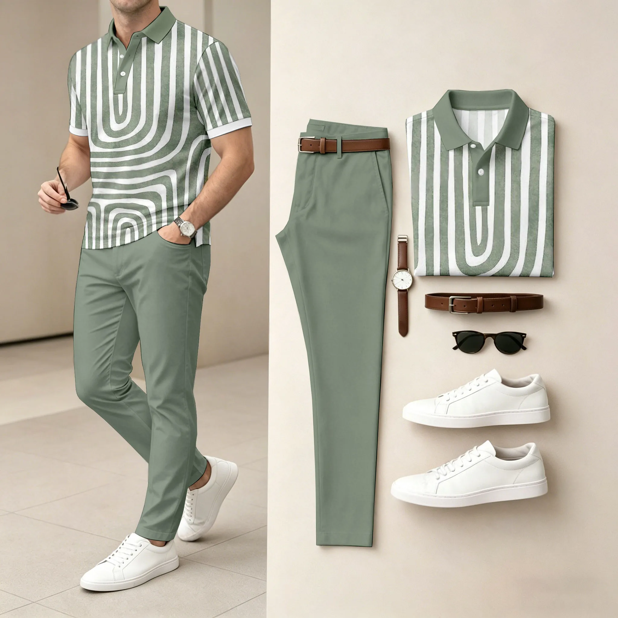 Conjunto de dos piezas Green & White rayas casual estampado camisa polo And pantalón para hombre