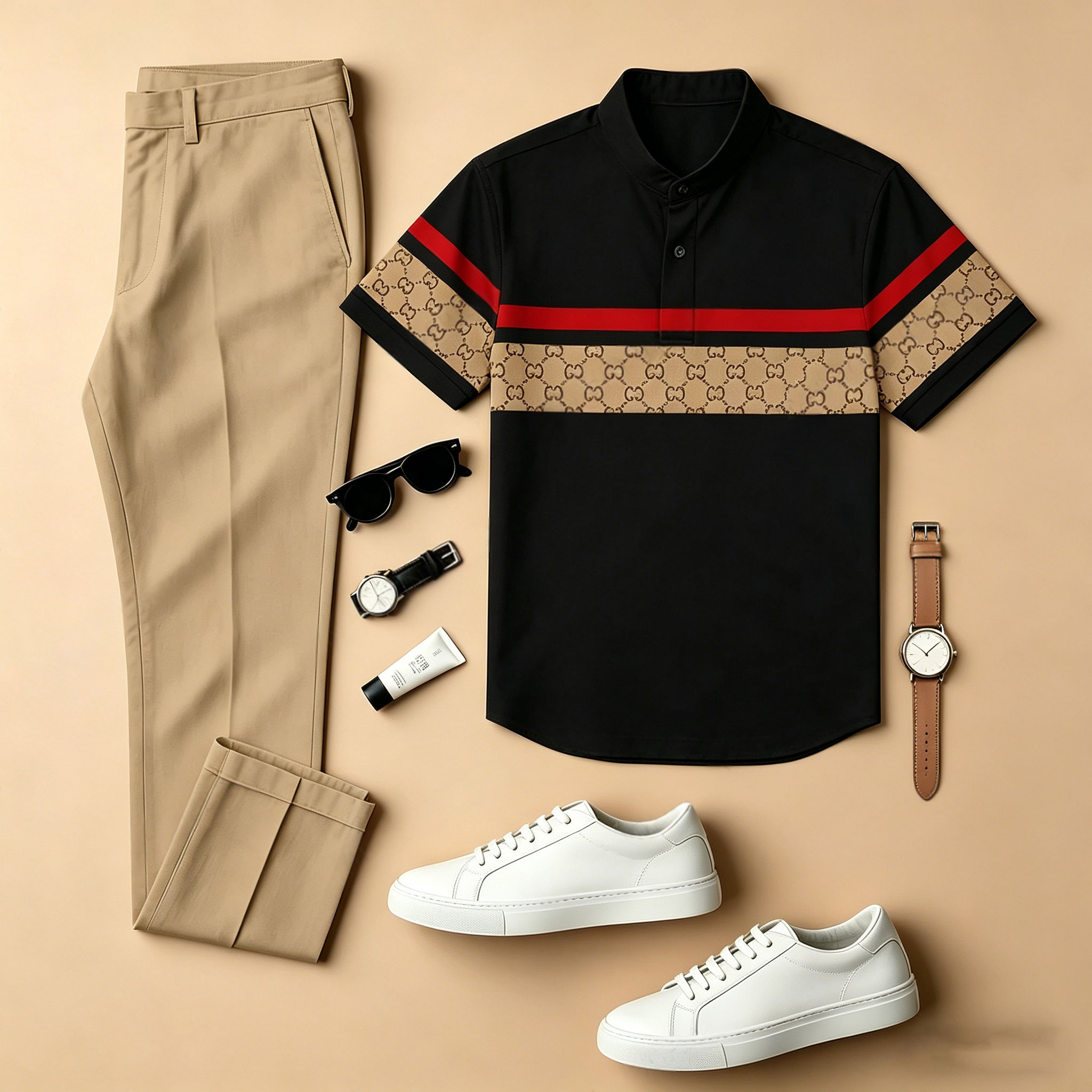 Conjunto de dos piezas casual Black & Brown a cuadros Color-Blocked estampado Crew Neck de manga corta camisa And Trousers para hombre
