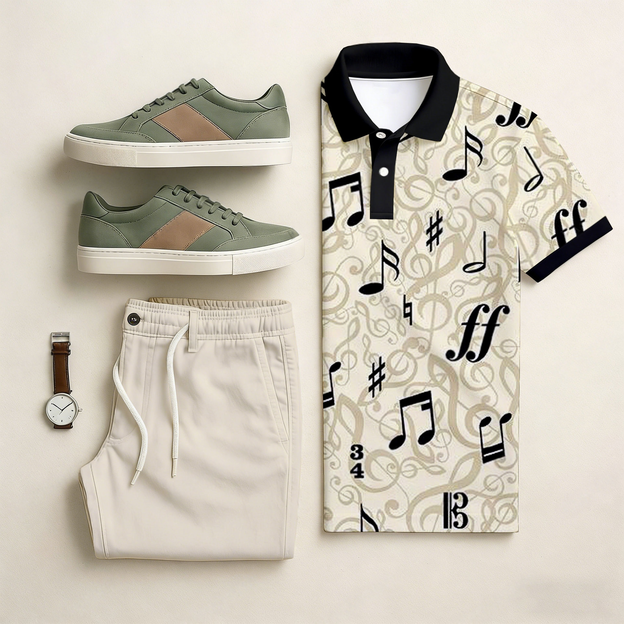 Conjunto de dos piezas casual Apricot & Black Color Matching Art estampado de manga corta camisa polo & Trousers para hombre