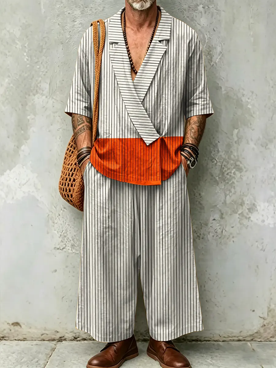 para hombre Abstract Art Print casual de lino Suit Collar de manga cortad Top And pantalón Two-piece