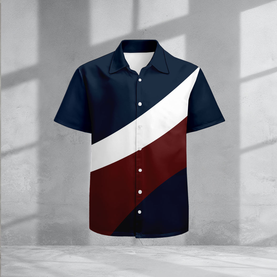 Casual Lapel Red & Navy Blue Color Matching estampado de manga corta camisas para hombre
