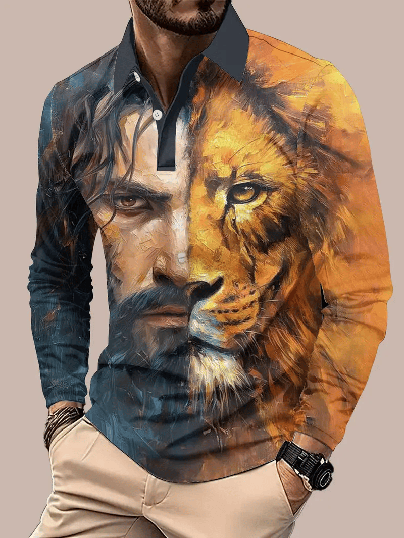 Camisa polo retro ejecutivo rayas estampado de manga larga para hombre