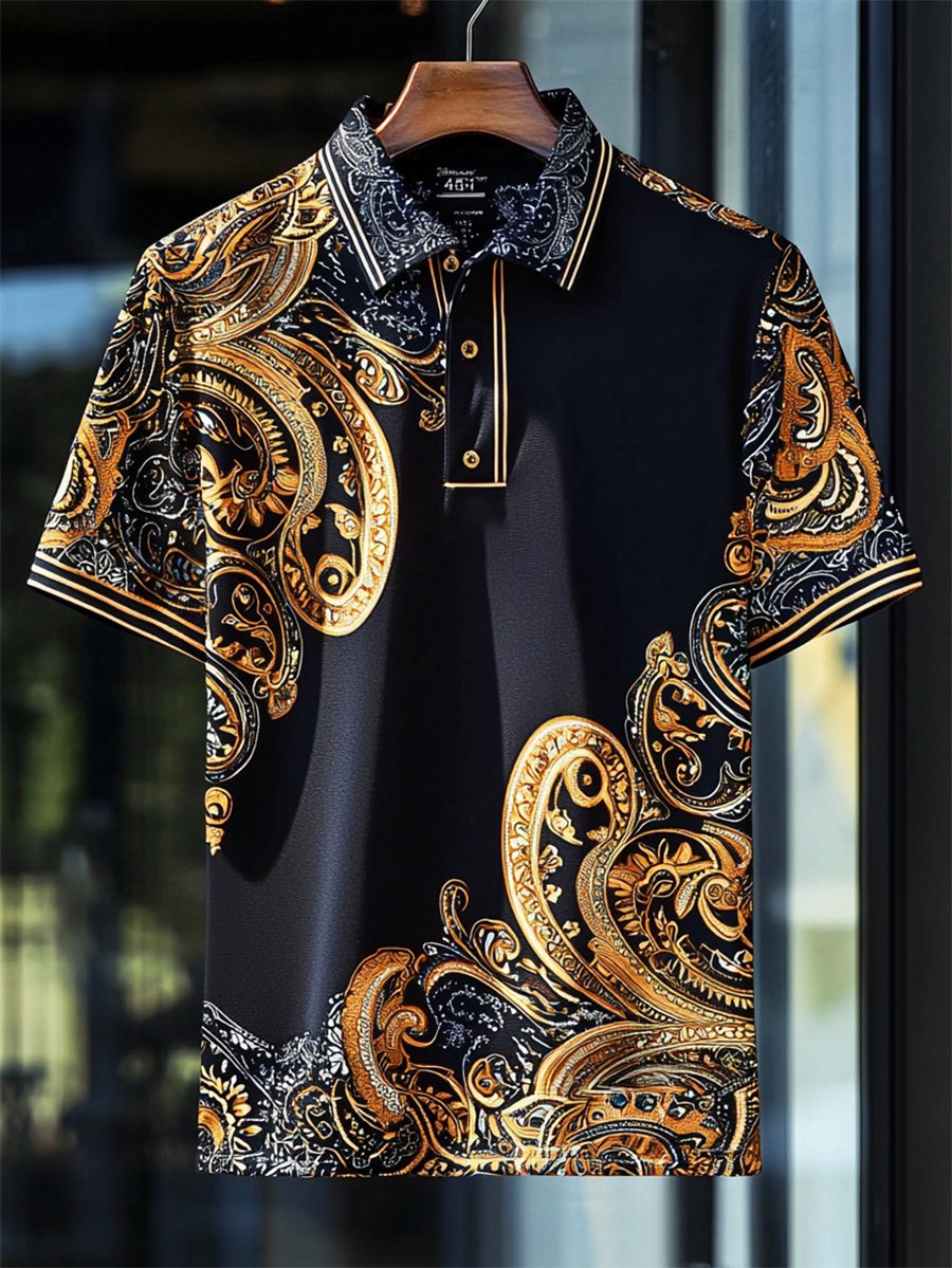 Camisa polo ejecutivo casual Paisley estampado Button de manga corta para hombre