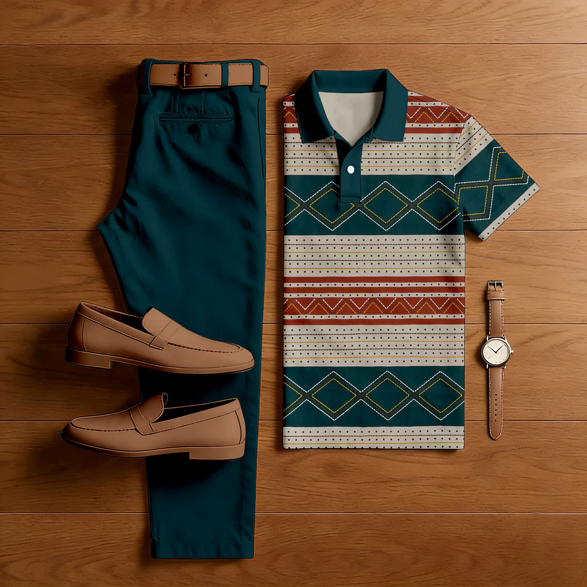 Conjunto de dos piezas casual Green & Red rayas estampado camisa polo And pantalón para hombre