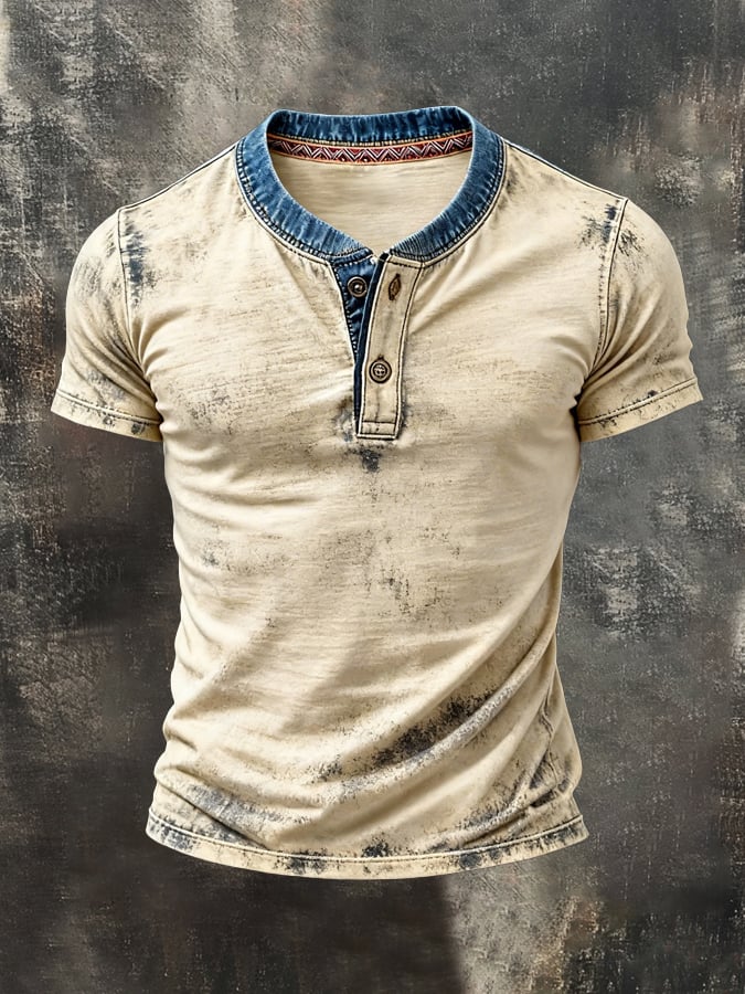Retro Pure de algodón Washed desgastado Color-Blocked Henley cuello de manga corta Top para hombre