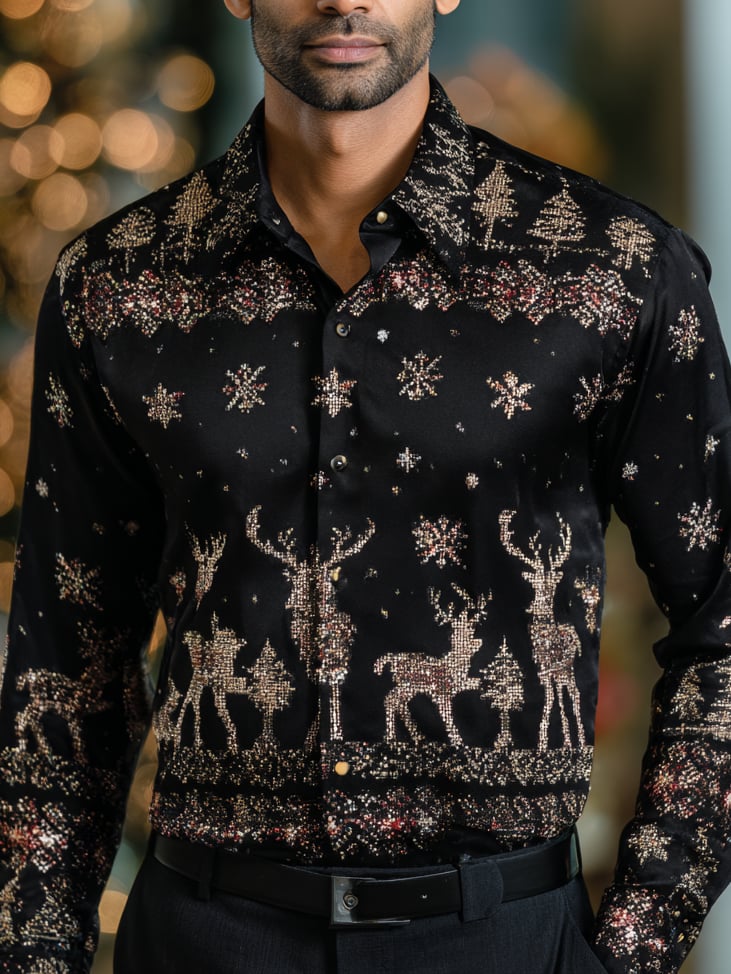 Camisa ejecutivo Christmas estampado de manga larga para hombre