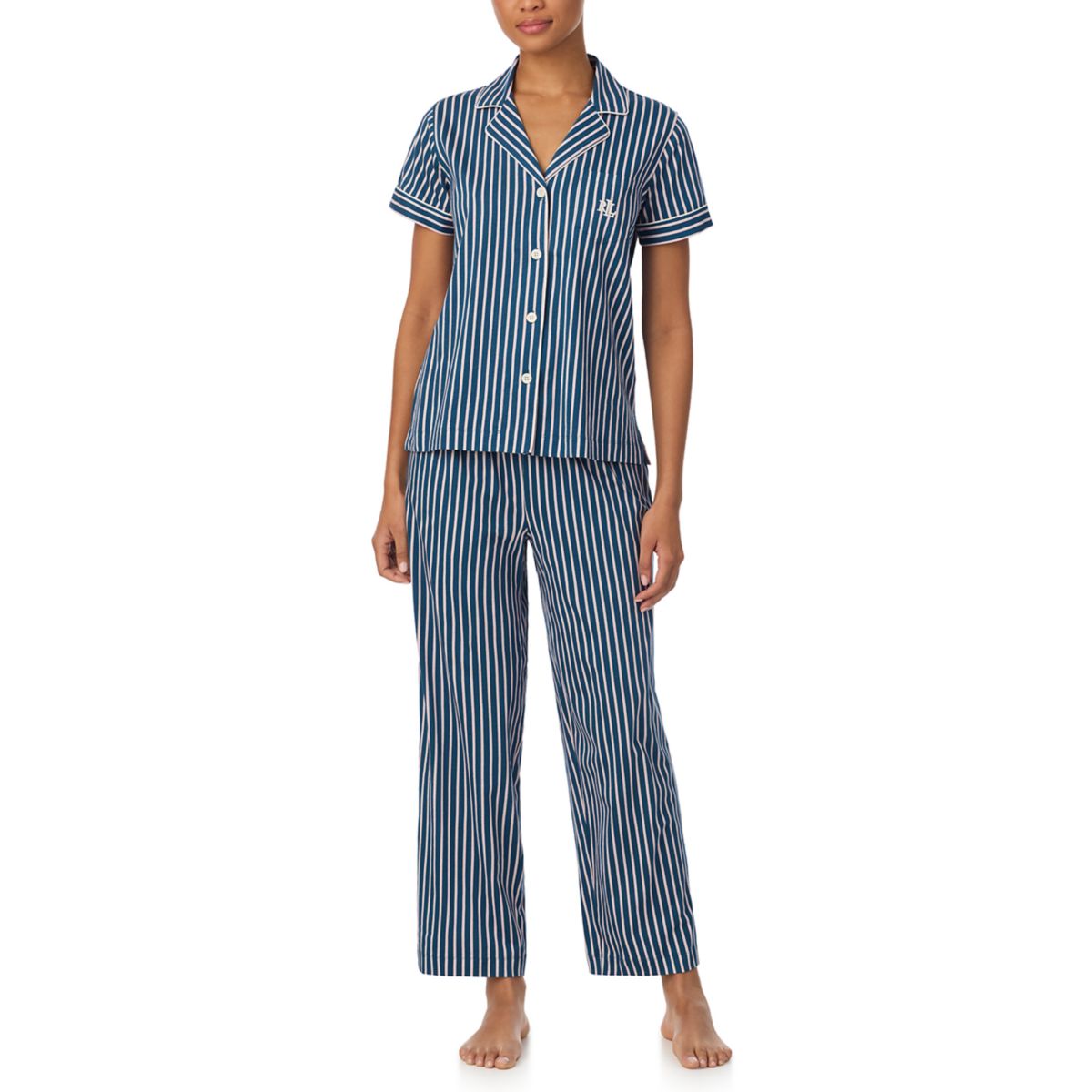 Short Sleeve Notch Collar Ankle Pant Pajama Set - 1