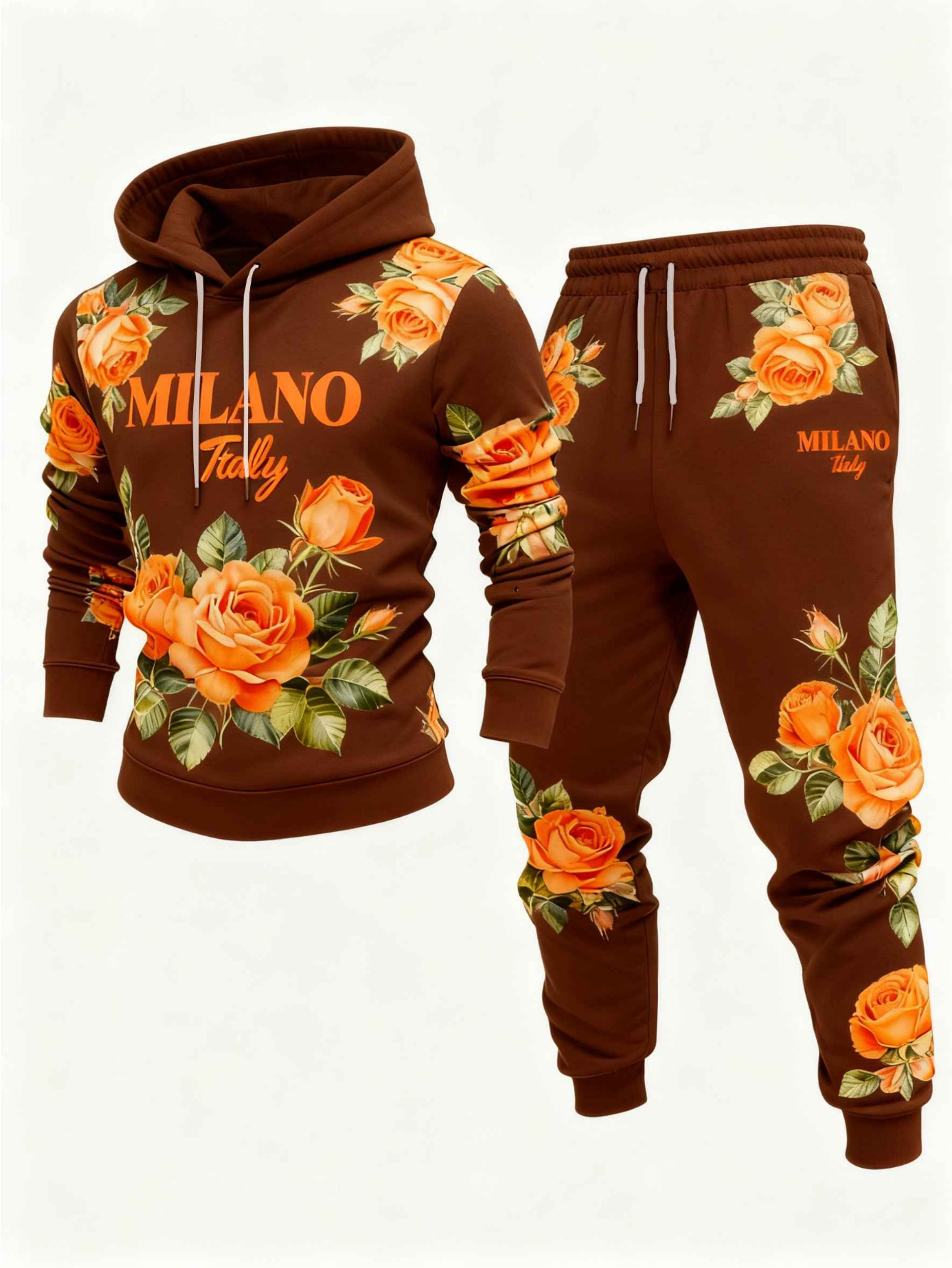 Conjunto de dos piezas casual Coffee & Orange Rose estampado sudadera con capuchas de manga larga sudaderas & Sweatpantalón para hombre