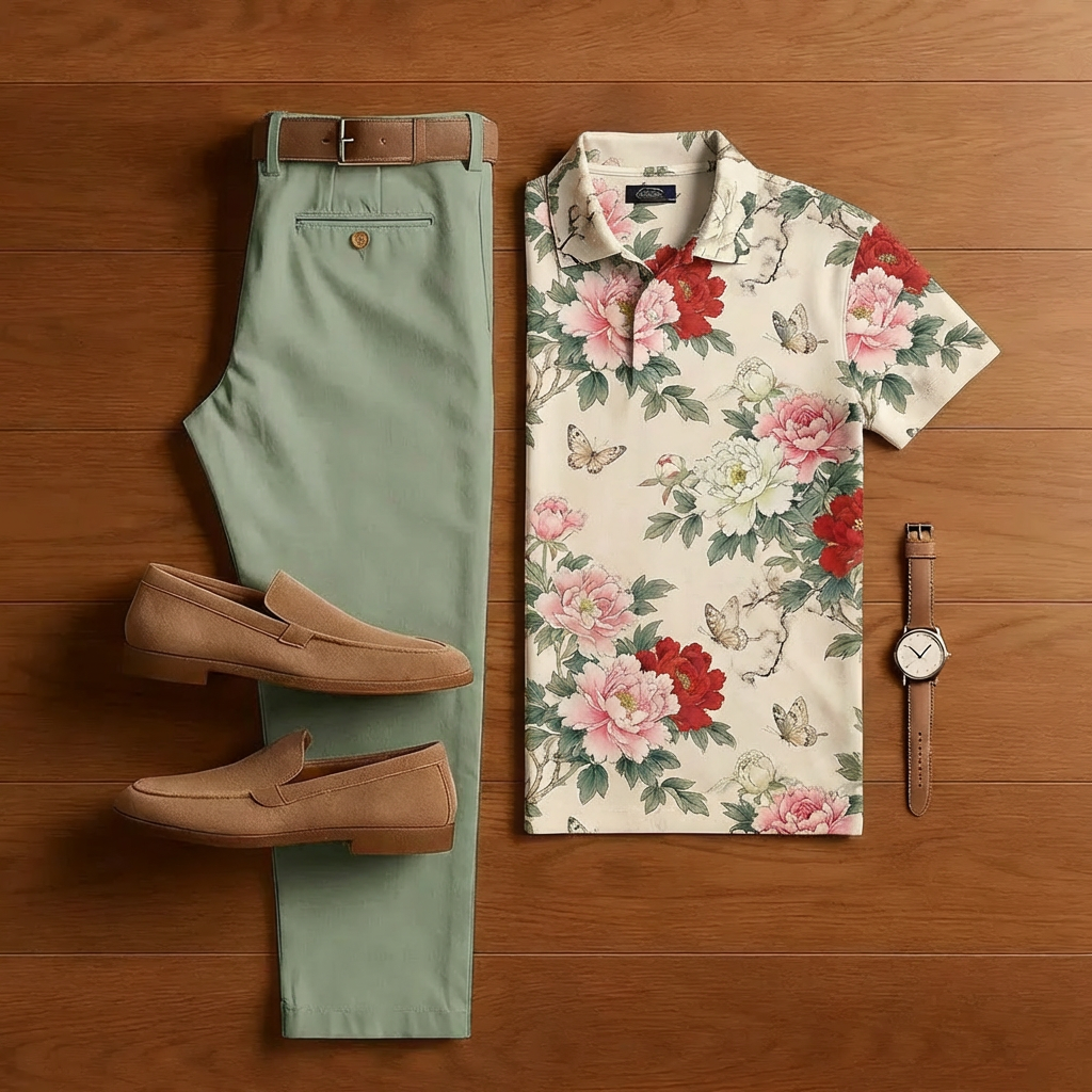 Conjunto de dos piezas casual Apricot Rose estampado de manga corta camisa And Trousers para hombre