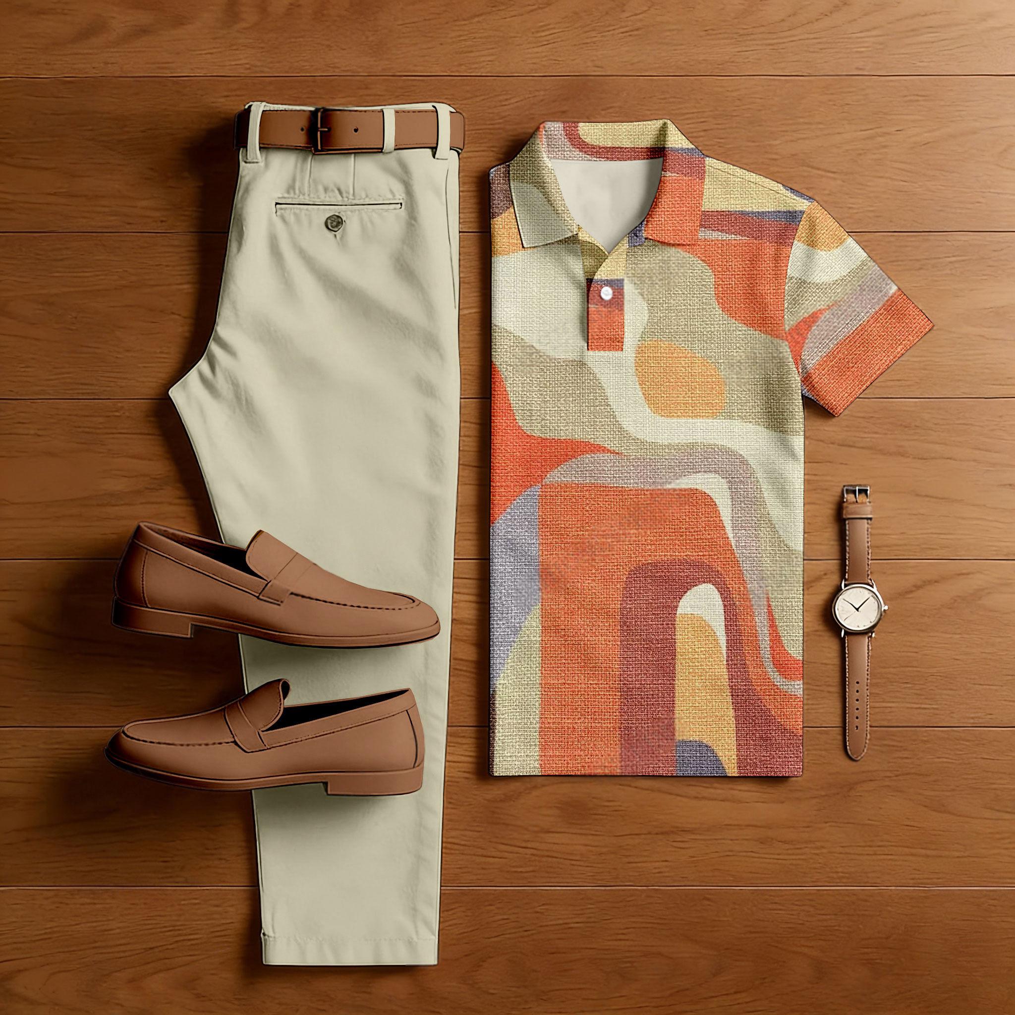 Conjunto de dos piezas casual Khaki & Orange Color Matching estampado de manga corta camisa polo & Trousers para hombre