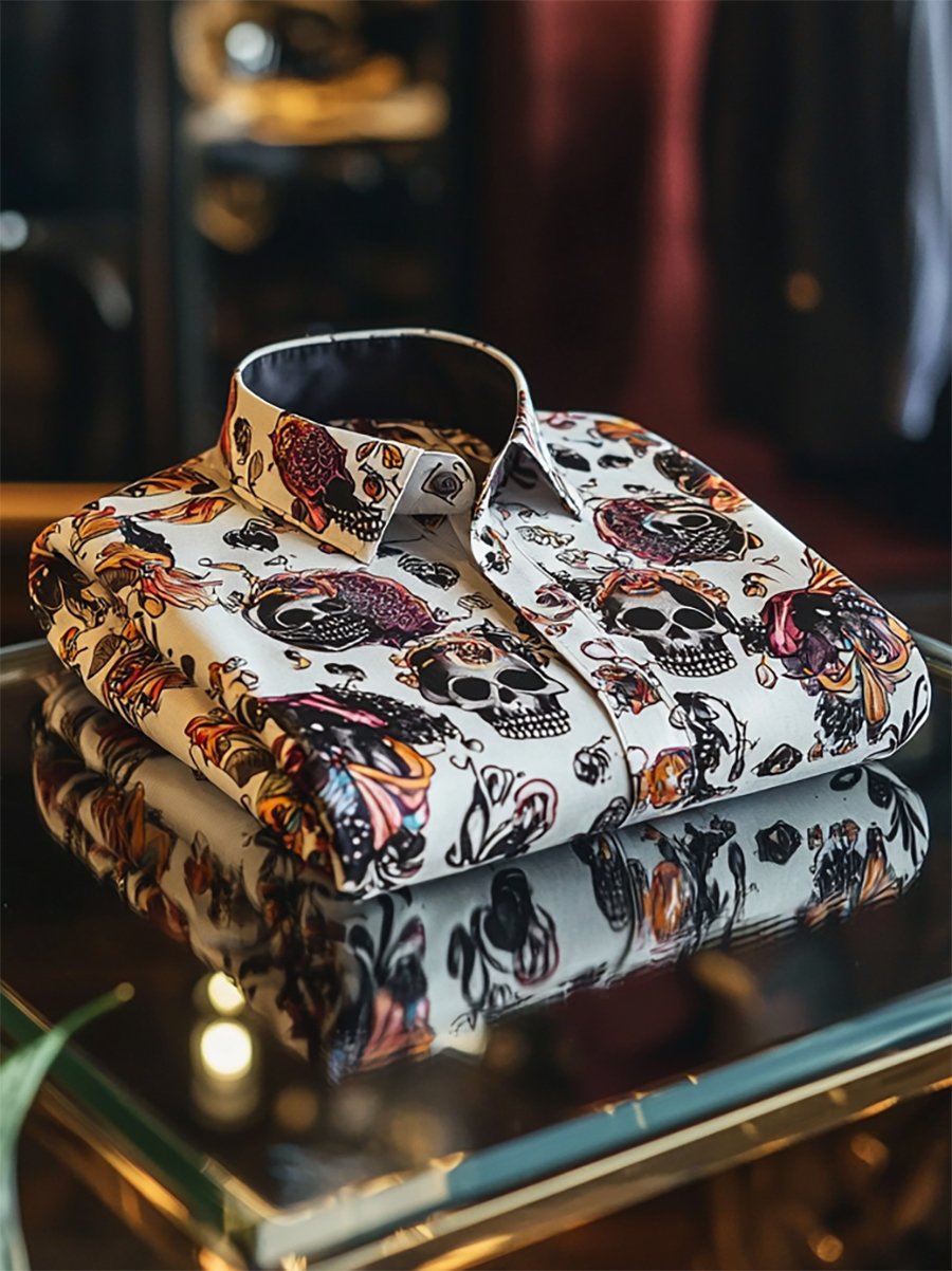 Camisa satén Luxe Skull de manga larga con botones para hombre