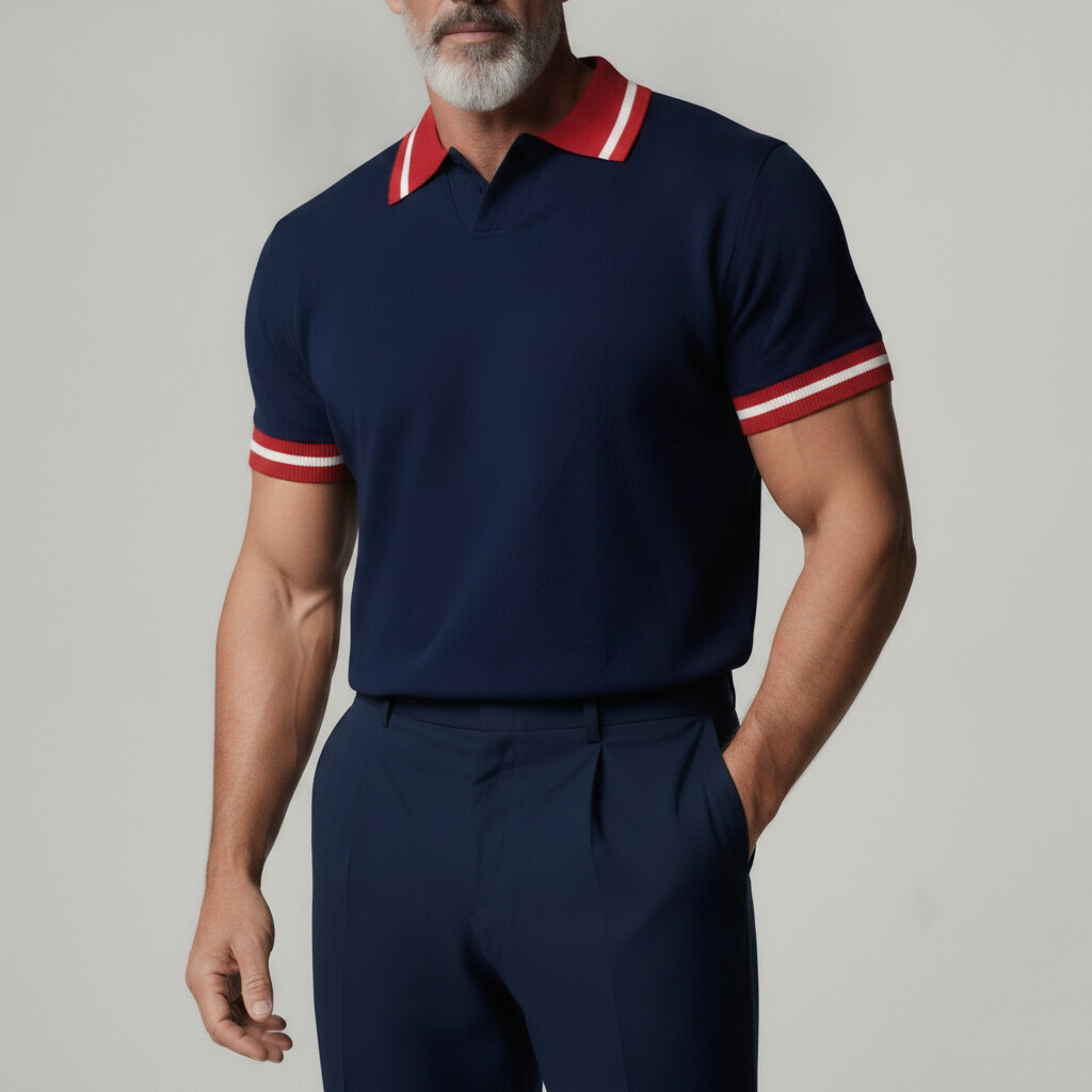 Camisa polo Navy Blue Contrast Trim Turndown Collar Back Letter Pattern para hombre