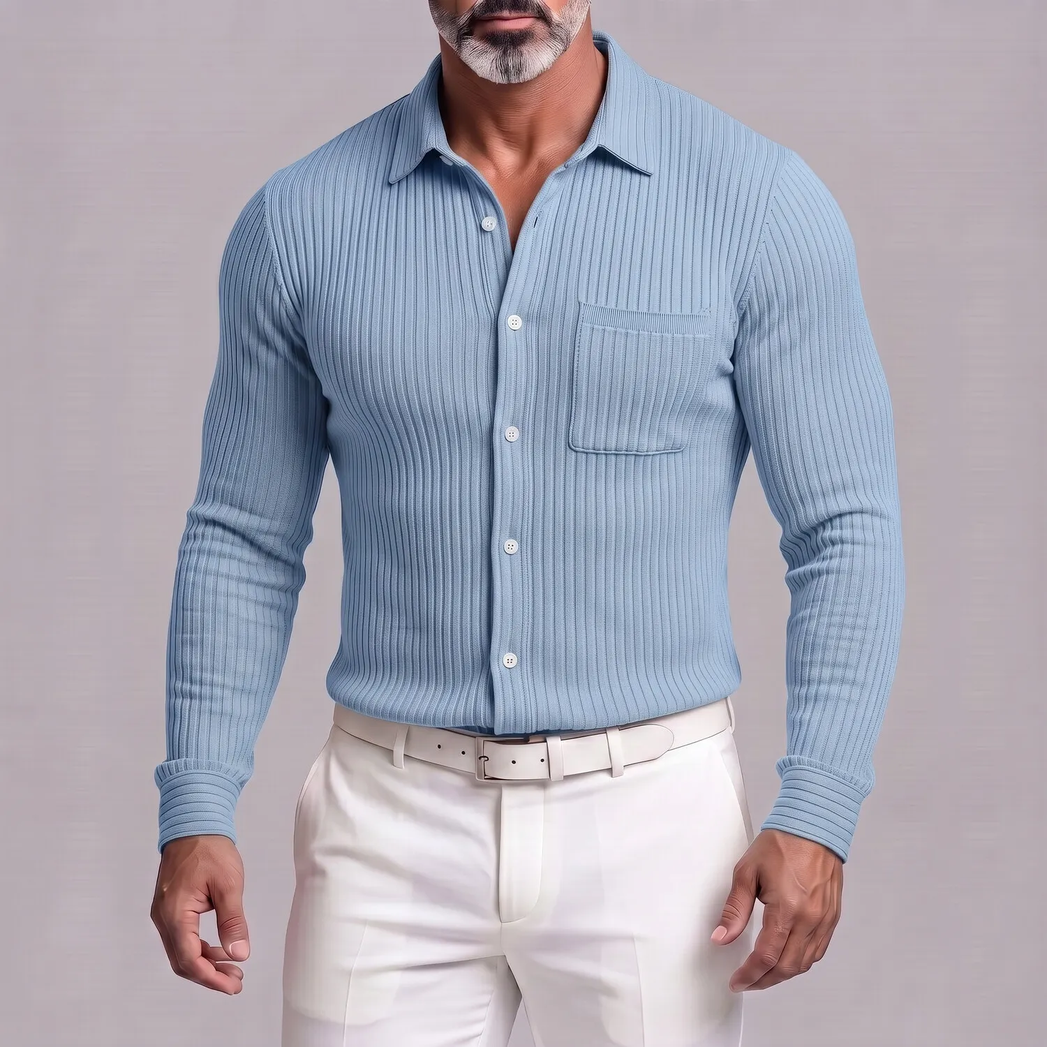 para hombre casual Ribbed tejido Single Breasted Chest Pocket de corte entallado de manga larga camisa