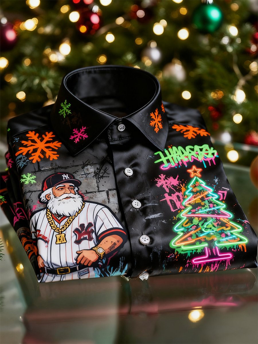 Camisa Christmas de manga larga con botones para hombre