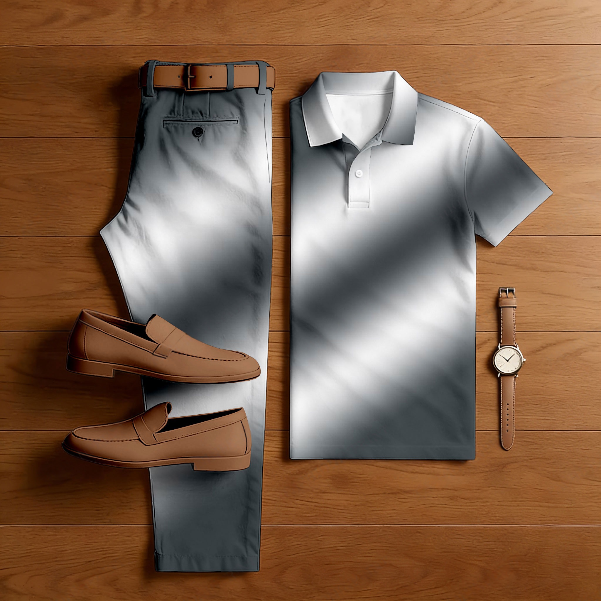Conjunto de dos piezas casual Gray Gradient White Color Matching estampado de manga corta camisa polo & Trousers para hombre