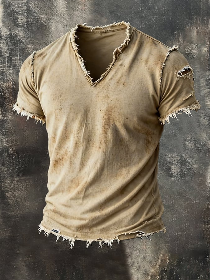para hombre retro Pure de algodón Washed casual V-Neck de manga corta Top