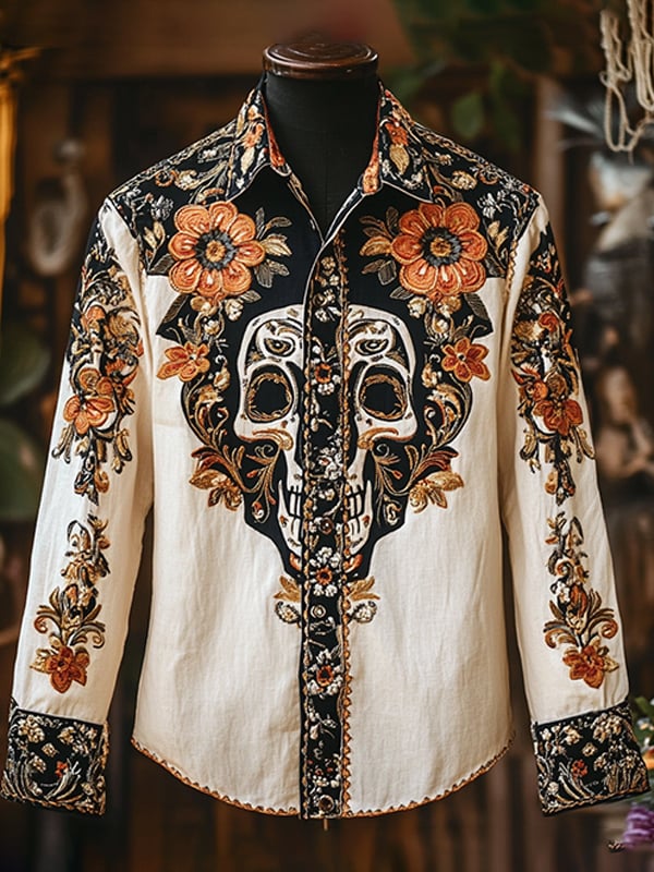 Camisa para exterior vintage Skull and floral estampado de manga larga para hombre